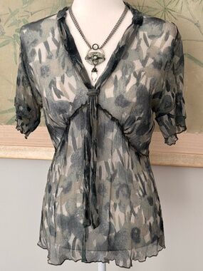 TRANSIT Muted Blue Green Sheer Silk Georgette Top Empire Waist